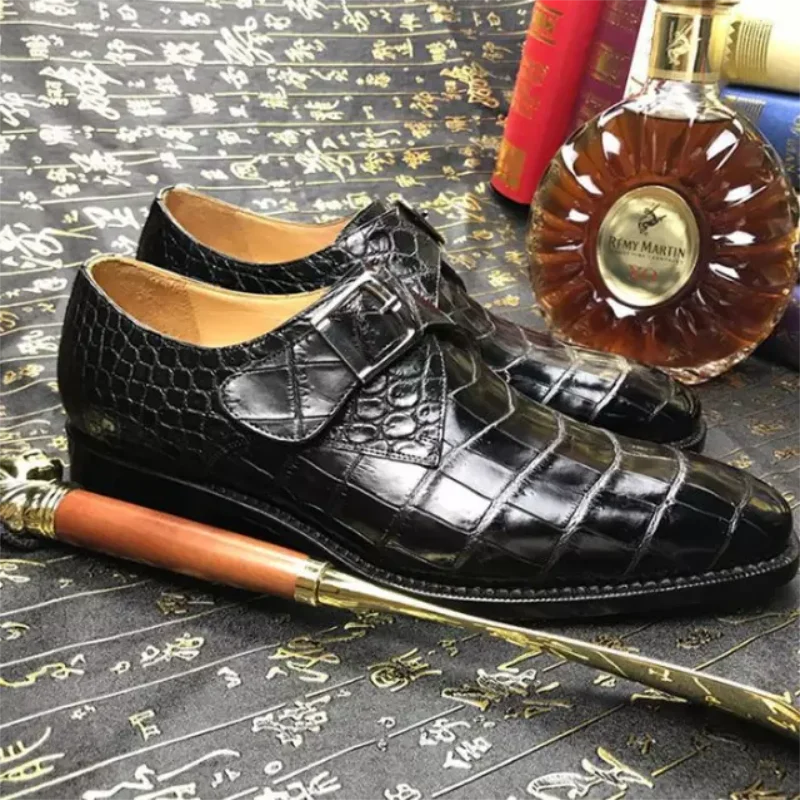 

2021 New Style Comfortable Classic Fashion Business Casual Handmade Men's PU Pure Color Crocodile Pattern Monk Shoes YX271