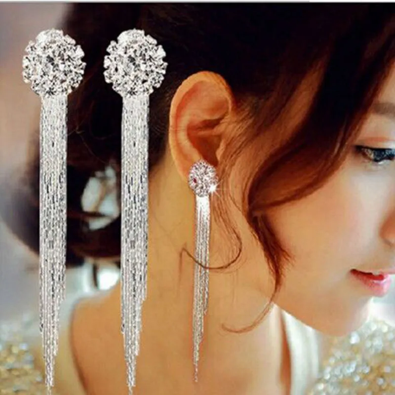 

New Arrival Luxury Bridal Rhinestone Round Shape Tassel Clip on Earrings Non Piercing for Women Statement Earrings