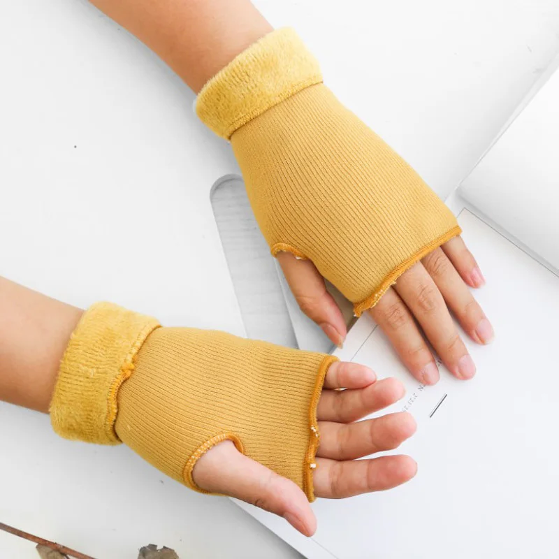 Winter Female Knit Acrylic Touch Screen Typing Mitten Autumn Women Plus Velvet Double Fingerless Writing Half Finger Glove J10 | Аксессуары