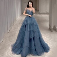 haze blue beading sequins floor length evening dresses spaghetti strap v neck lace up ball gowns high end temperament prom gowns
