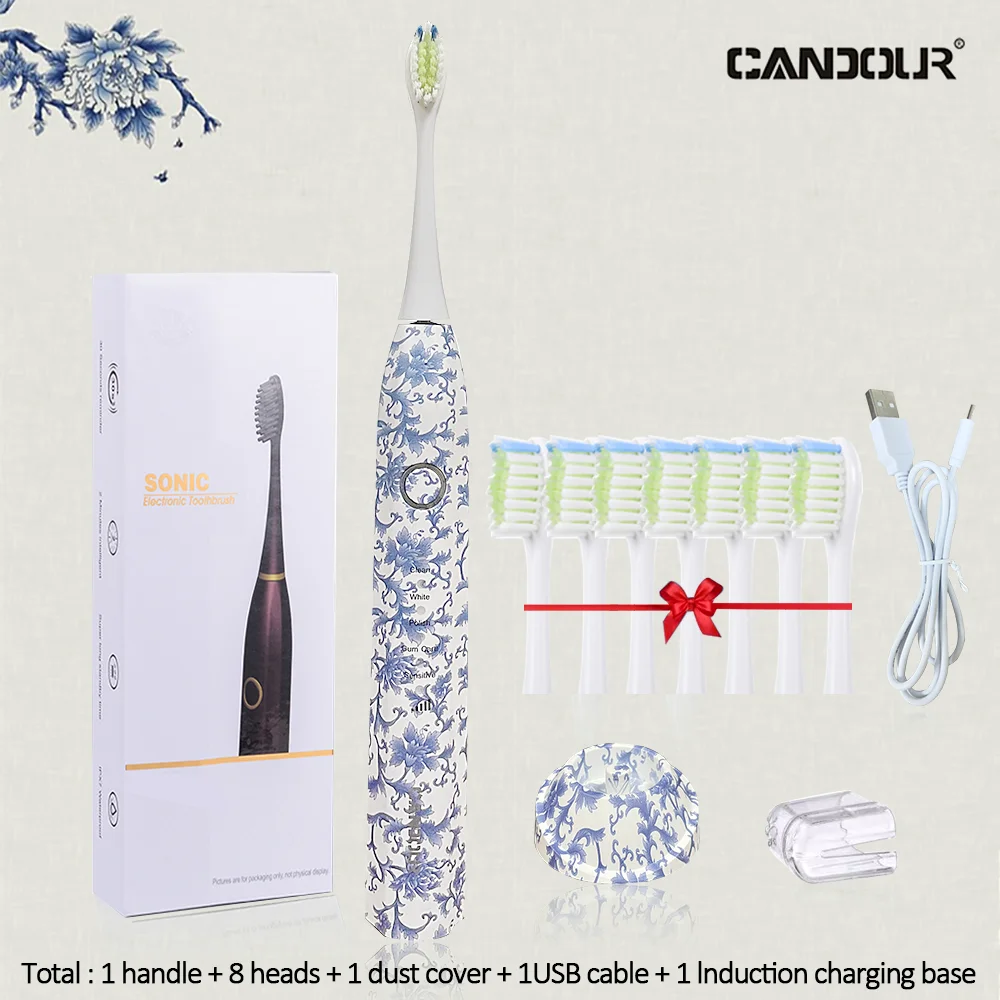 Китайская керамика в сине-белом стиле, звуковая электрическая зубная щетка, USB-перезаряжаемая с 8 насадками, водонепроницаемость IPX8