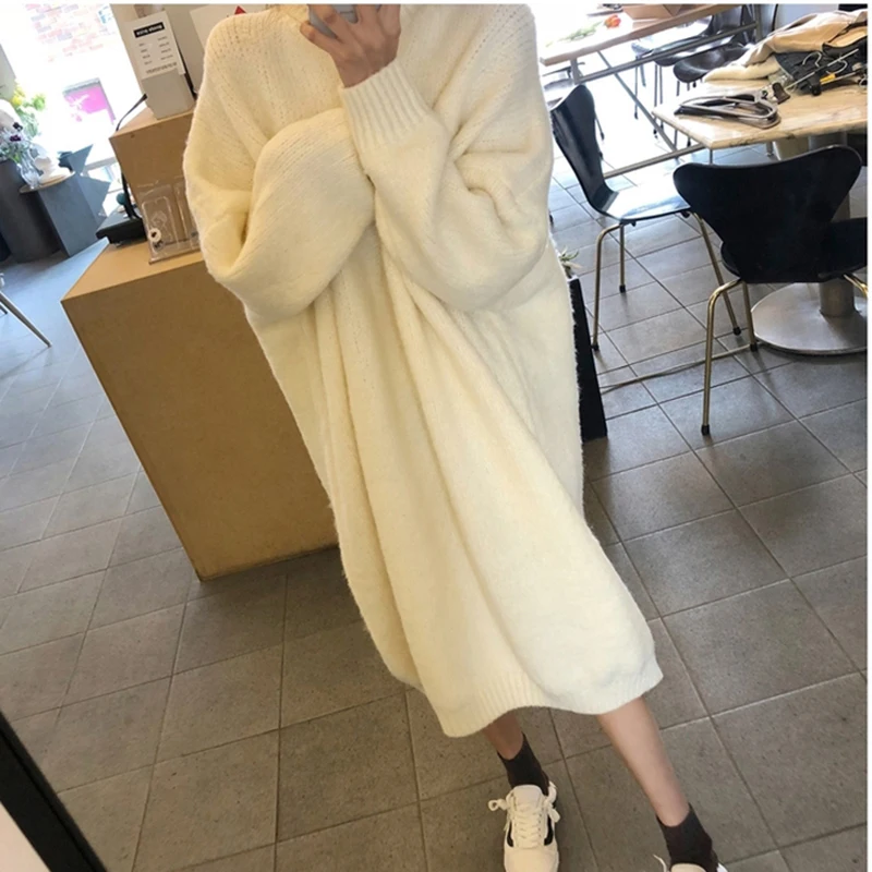 Осенне-зимнее Новое вязаное Хлопковое платье Толстый Пуловер свободный