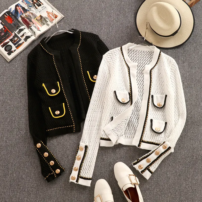 Women's Long Sleeve Golden Button Knitted Outerwear Jacket 2020 Spring New Hollow Out Gold Weave Trim Cardigan Sweater Coat |