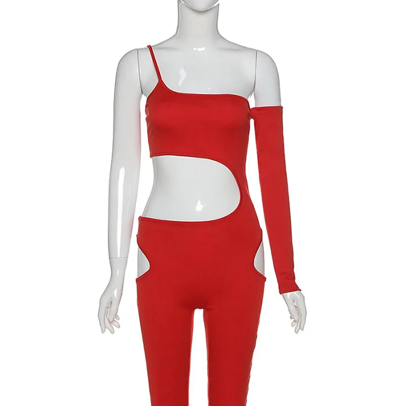 

Hollow Out Sexy Fitness Women Jumpsuit One Shoulder Solid Elastic Activewear Slim Sporty Streetwear Skinny Black Rompers Outfits