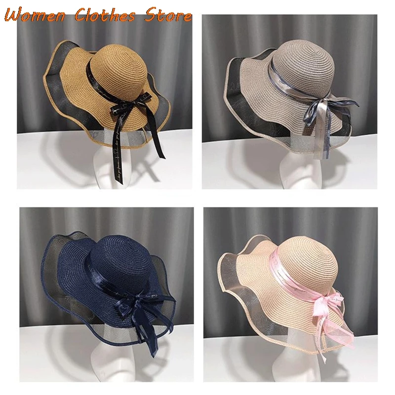

Summer Sun Hat Bow Ribbon Visor Flat Straw Hats Women's Sea Beach Vacation Leisure Sunscreen Hat