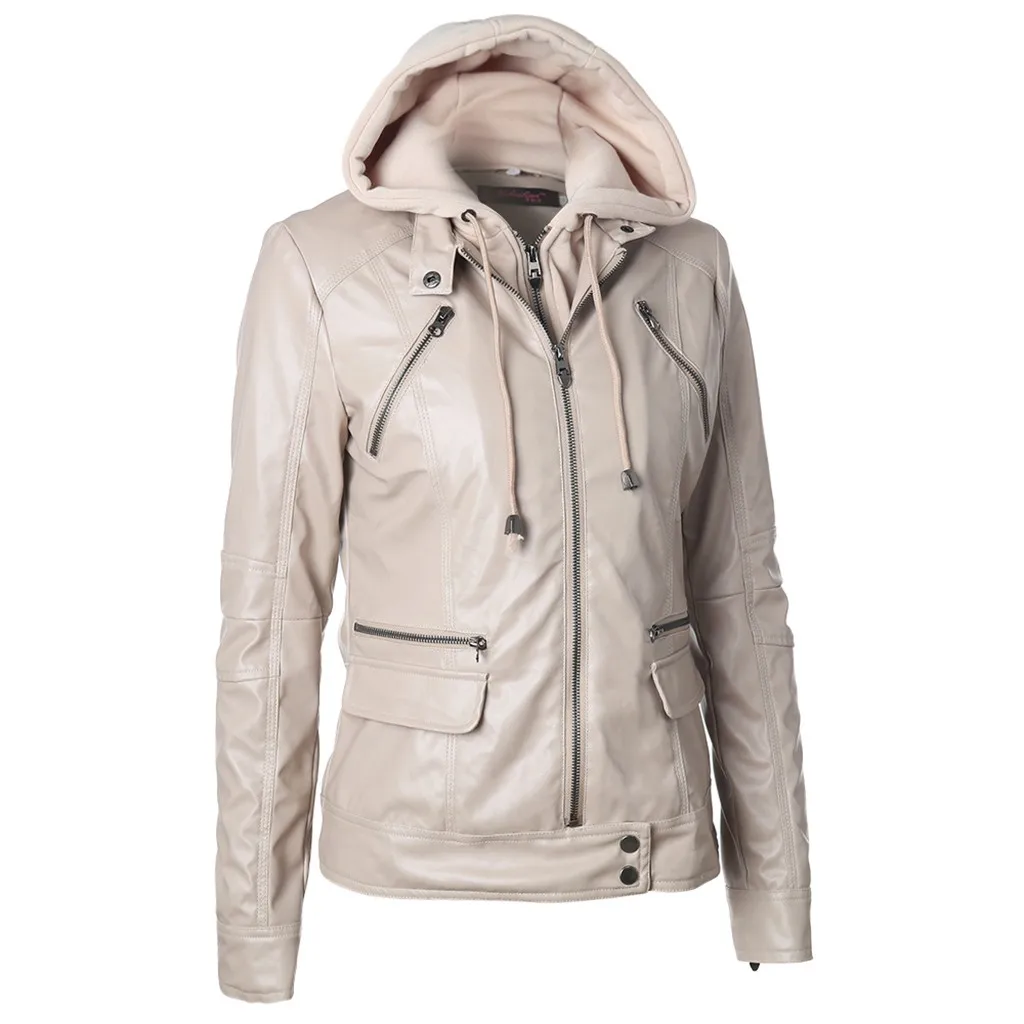 Women Outerwear Coats Long Sleeve Leather Hooded Jacket Removable Zipper Caps Female Warm Winter Coat Outwear | Женская одежда