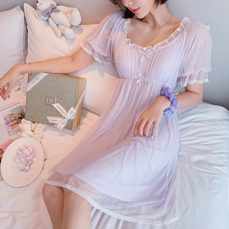 

Autumn Summer Lovely Beautiful Retro Palace Wind Fairy Goddess Lace Nightdress Female Princess Lace Gauze Sleepwear пижама