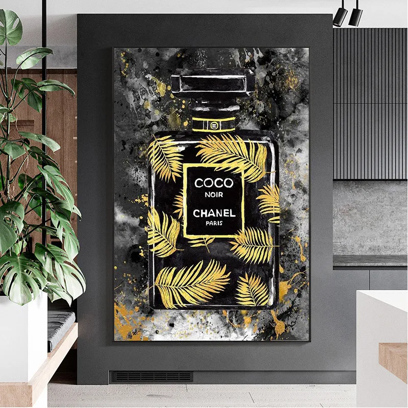 

Canvas Painting of Black with Gold Paris Perfume Bottle Fashion Poster Bedroom Decoration Paintings Room Decor Wall Art Picture