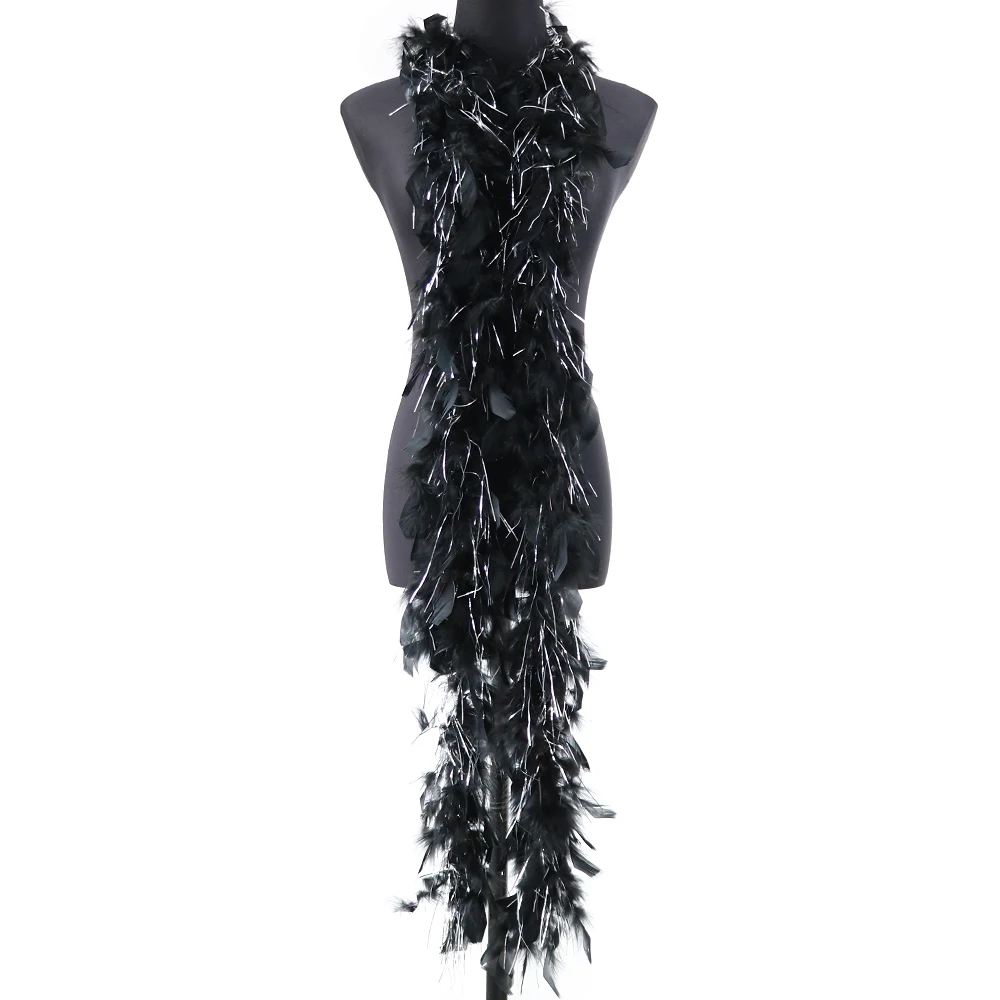 Шаль из черных перьев индейки 30 г с серебряной проволочной лентой белыми перьями