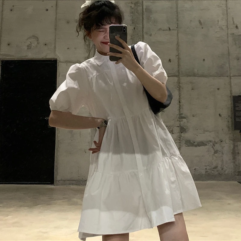 

French sweet bubble sleeve shirt dress