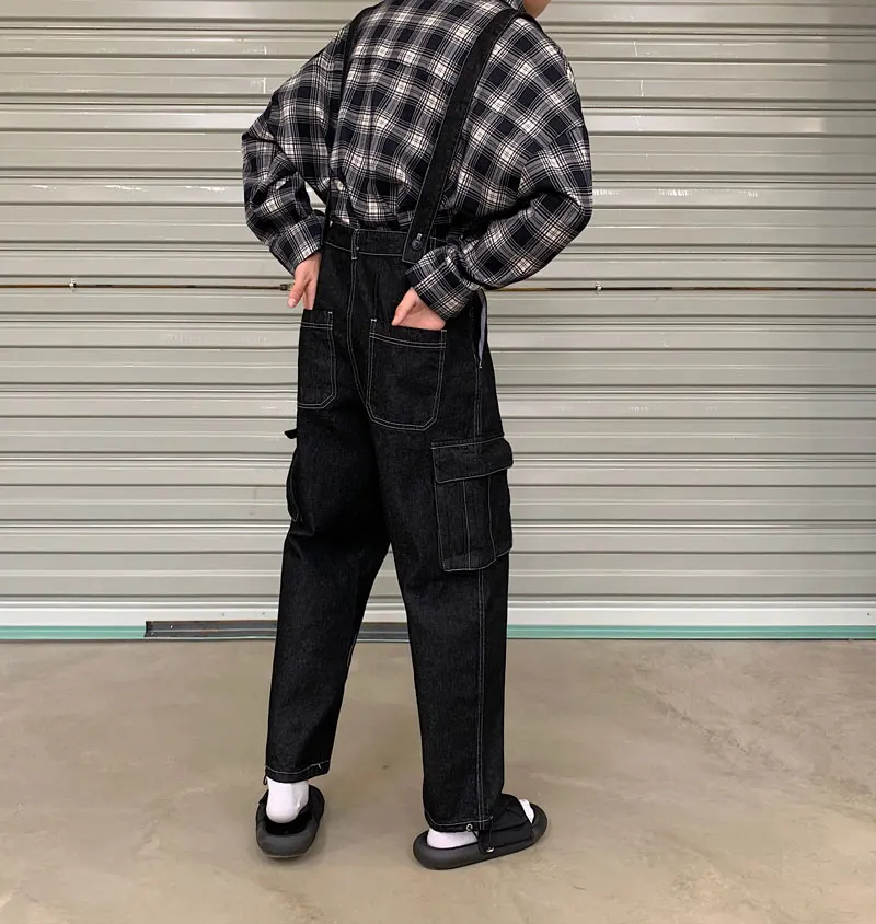 2021 Men Bib Overalls Denim Pants Casual Wash Loose Fashion Hip Hop Black Jeans Streetwear Jumpsuit Ankle Length