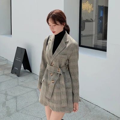 

Autumn Winter Women's Fashionable Plaid Suit Coats Sashes Office Lady Notched Blazer Feminino Women Blazers And Jackets
