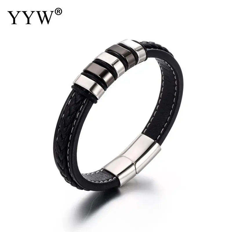 

Stainless Steel Weave Leather Bracelet Black Personality Leather Woven Vintage Titanium Steel Cuff Feather Bracelet Men