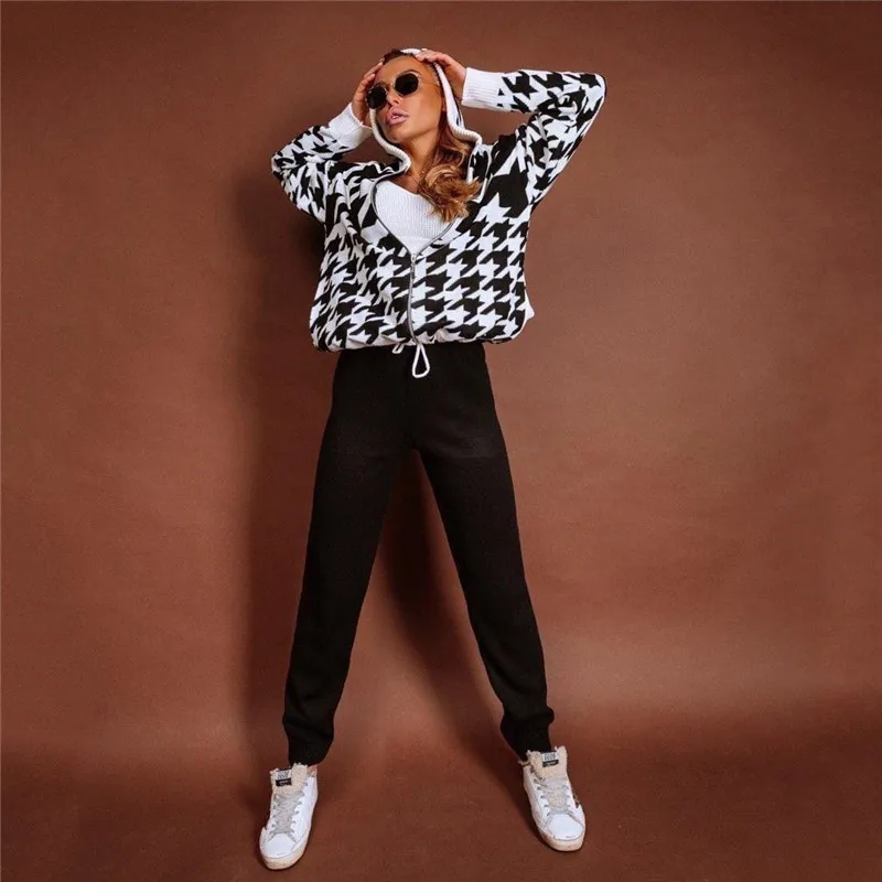

Women trousers Suit Long-sleeved Hooded Top Two-piece Autumn female fashion lattice sweater pant suit Women Two Piece Set