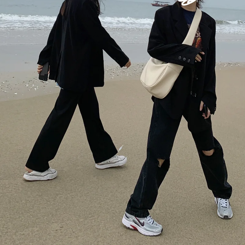 

Женские джинсы с широкими штанинами, черные прямые свободные джинсы с высокой талией, весна-осень 2021