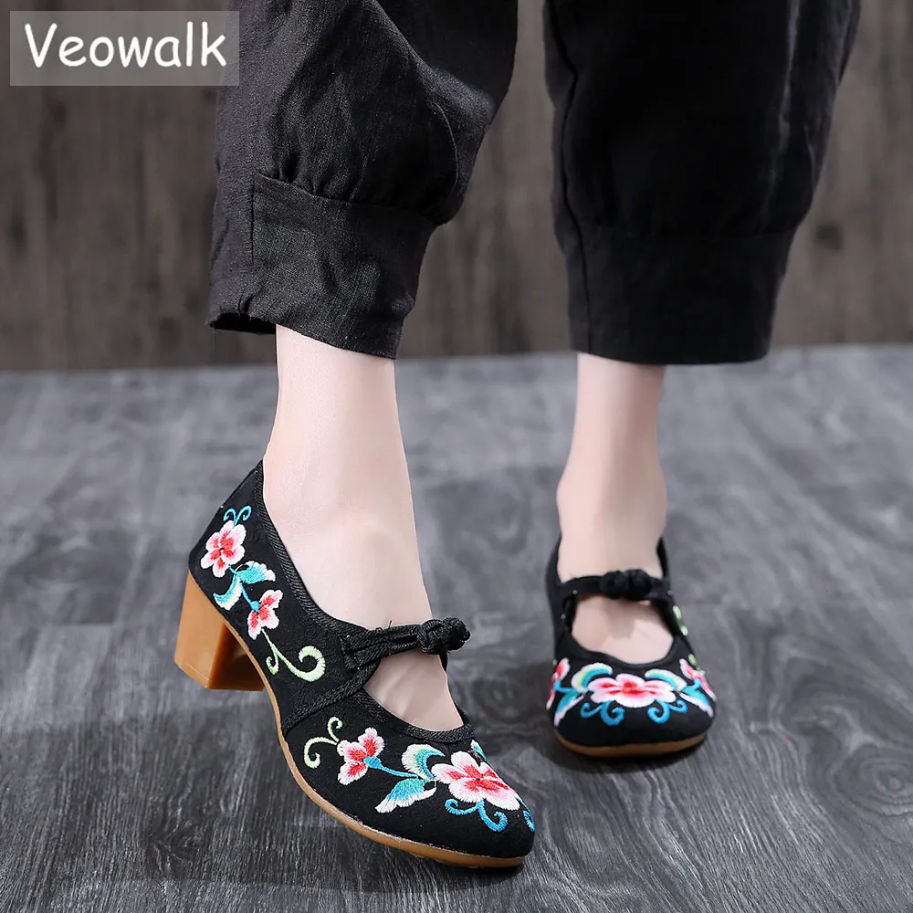 Женские парусиновые туфли Veowalk 4 5 см с вышивкой на блочном каблуке удобные