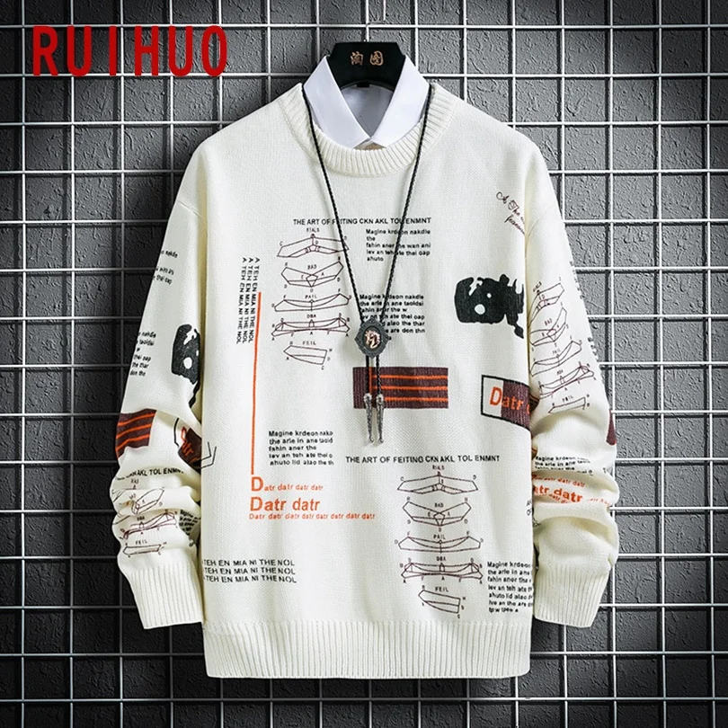 RUIHUO Письмо печати свитер для мужчин одежда 2021 Мода Harajuku свитера пуловер девочек