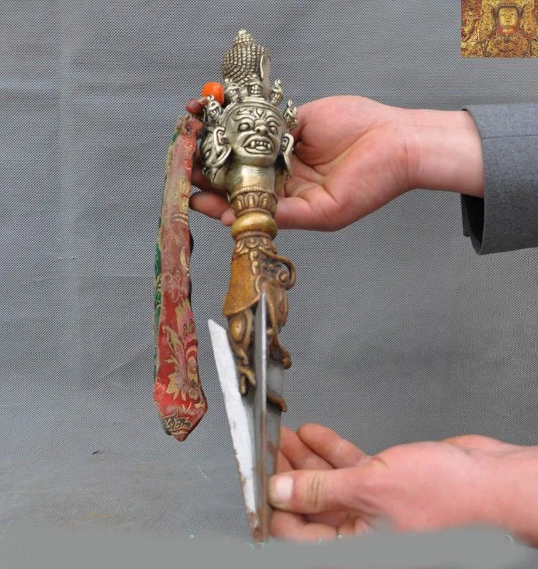 

christmas Old Tibet bronze silver Meteorite iron Mahakala Buddha head Vajra Phurpa Dagger New Year
