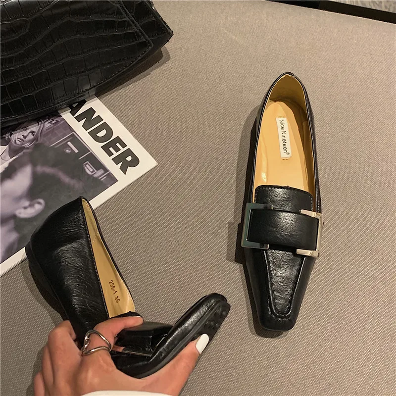 

Fashion Silver Shoes Square Toe Belt Buckle Shallow Slip On Mules Flats Heeled Black/Silver/Beige Casual Loafers Solid Color
