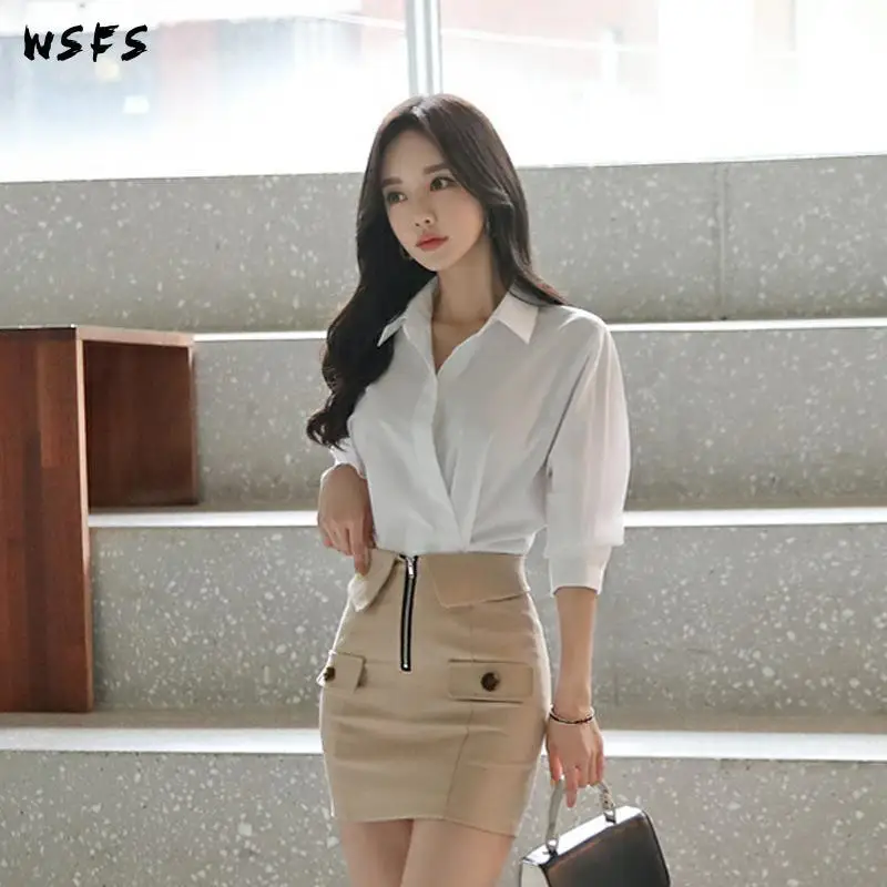 Комплект из 2 предметов летнее платье облегающая бандажная белая рубашка топы