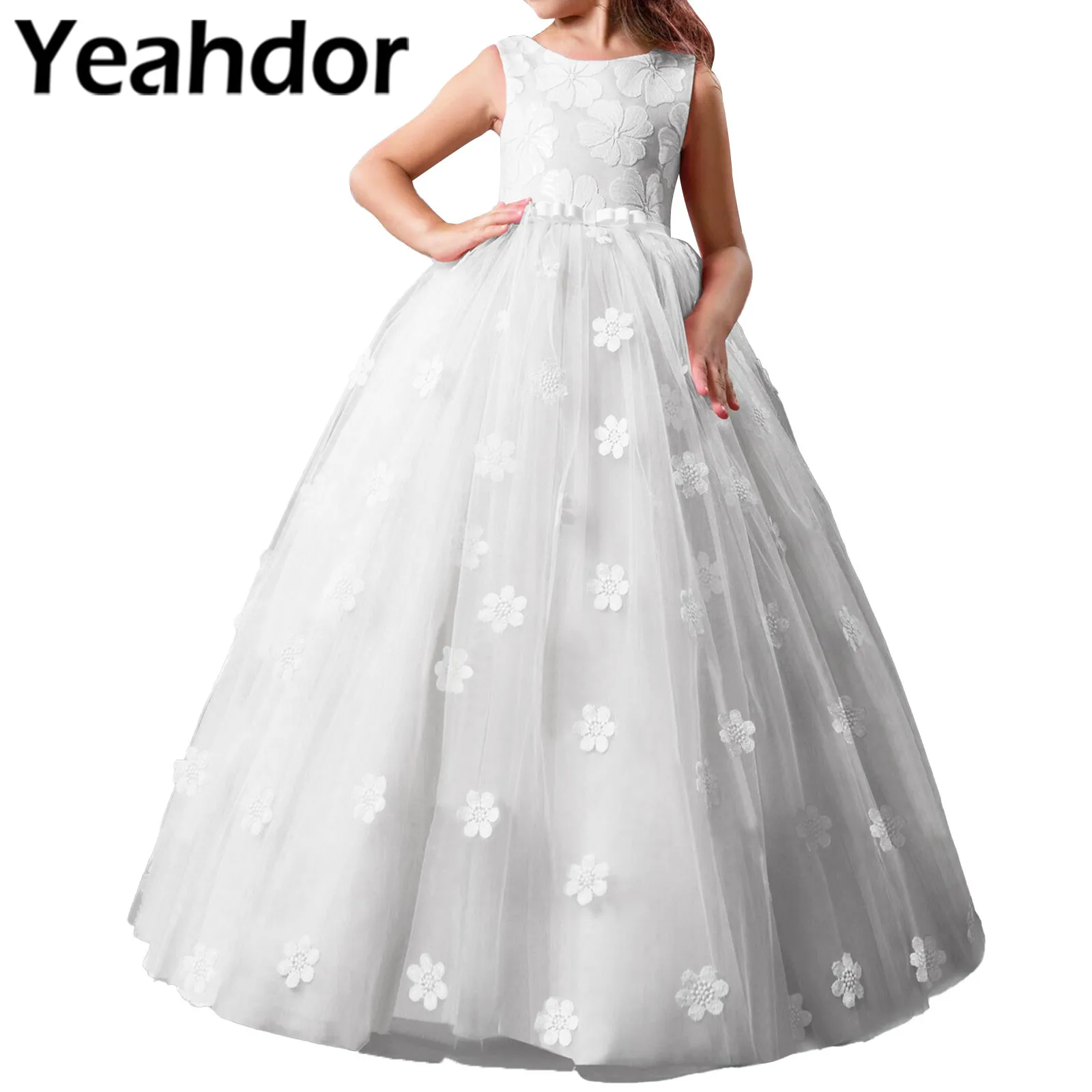

Kids Girls Floral Lace Flower Girls Dress Wedding Party Princess Long Dresses First Communion Costumes Petites Filles Robes