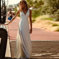 simple summer satin chiffon wedding dress for bride beach v neck floor length sleeveless bridal gown beading feather 2022