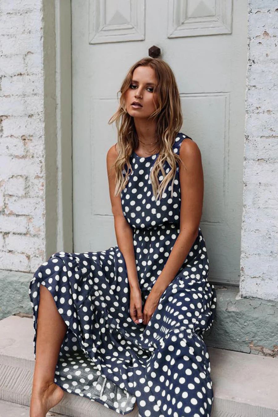 

Dresses for Women 2021 Explosive Summer O-neck Sleeveless High Waist Polka Dot Big Swing Long Ankle-length Dress Holiday