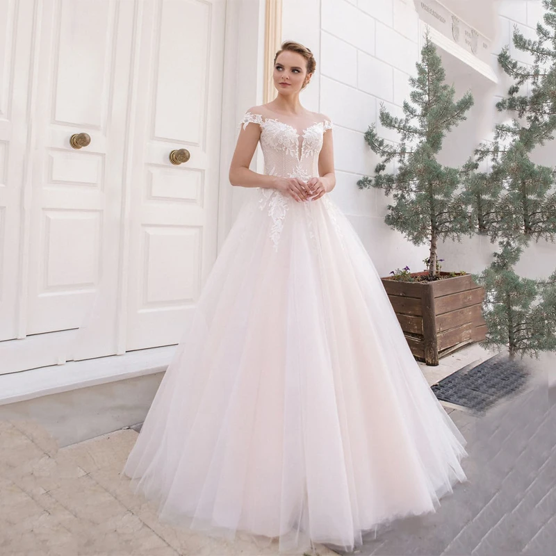 

Long Sleeve Cap Sleeve Scoop Appliques Lace Tulle A-Line Wedding Dress Bridal Gowns Robes De Mariées Vestidos De Novia