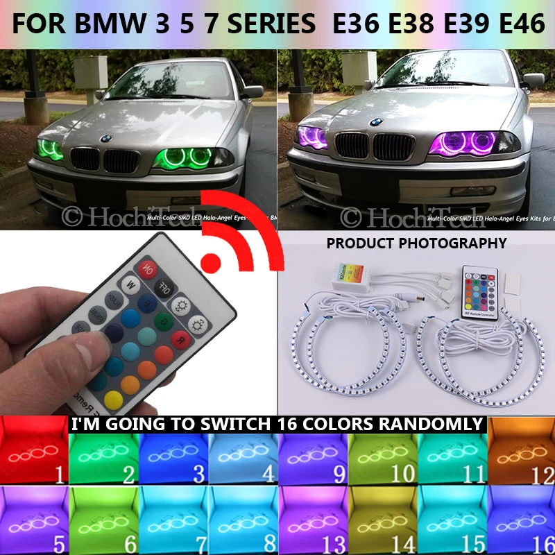 

Multi-color Led Angel Eyes Kit RGB Halo Rings Daytime Running Light DRL for BMW 3 5 7 series E36 E38 E39 E46