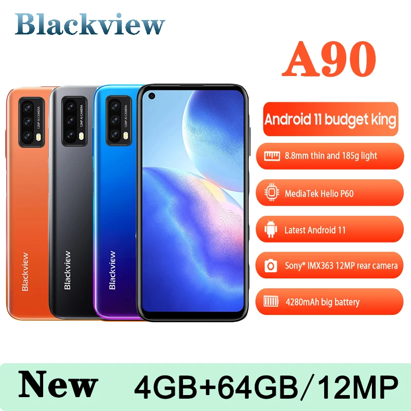 

Blackview A90 Smartphone Helio P60 Octa Core 12MP HDR Camera Mobile Phone 4GB+64GB 4280mAh Android 11 Telephone 4G LTE Celular