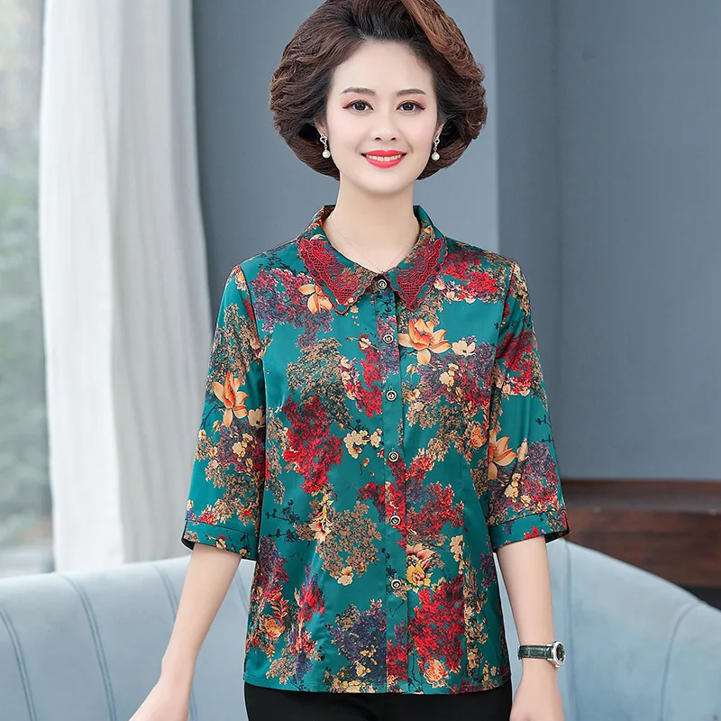 

and Mother's spring summer dress middle sleeve embroidered collar shirt Chiffon Top dress thin style foreign style middle aged