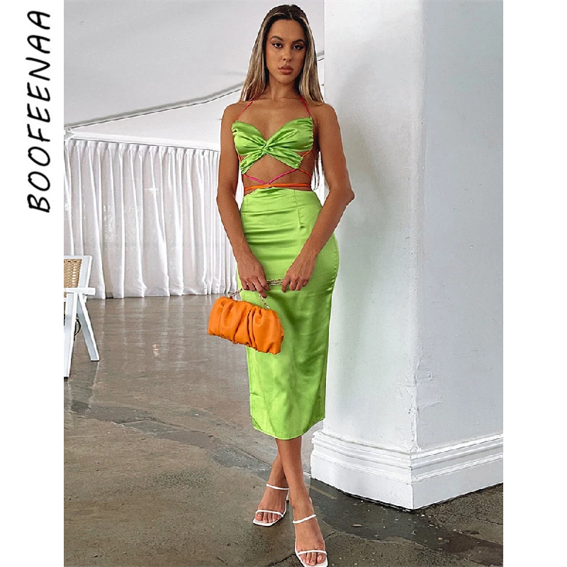 

Комплект BOOFEENAA из двух предметов, Зеленая атласная длинная юбка с разрезом и укороченный топ, Клубные наряды для Женщин, Сексуальное вечерне...