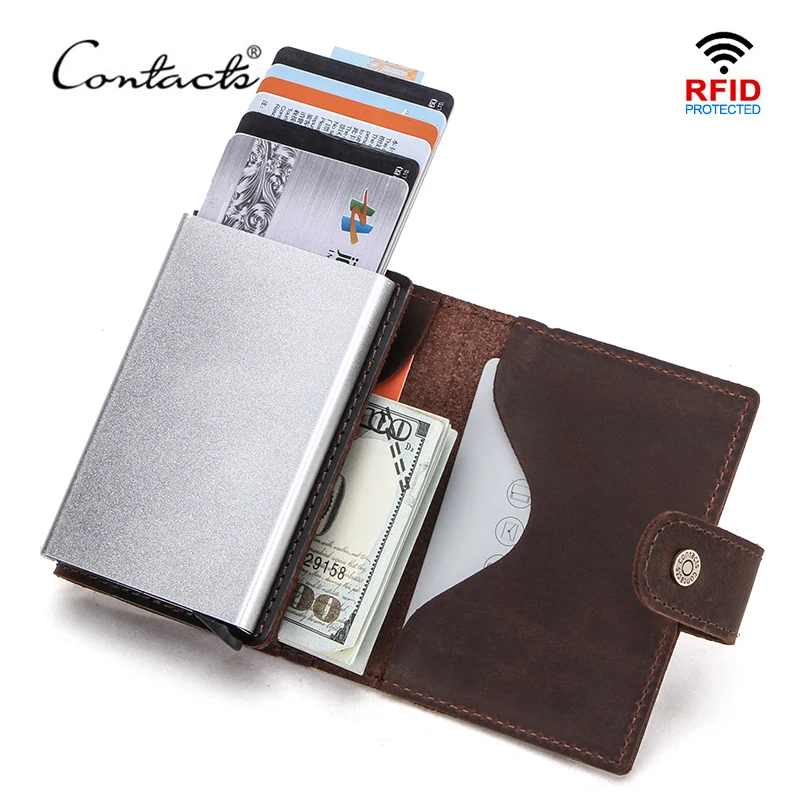 

CONTACT'S Crazy Horse Leather Card Holder Wallet Men Automatic Pop Up ID Card Case Male Coin Purse Aluminium Box RFID Blocking