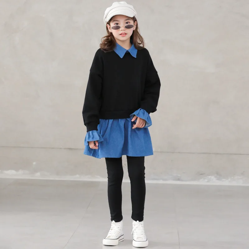 

Black Pathwork Sweatshirts For Kids Long Sleeve Fleece Hoodies Clothing Teenage Girls Autumn Winter Long Tops Children Dresses