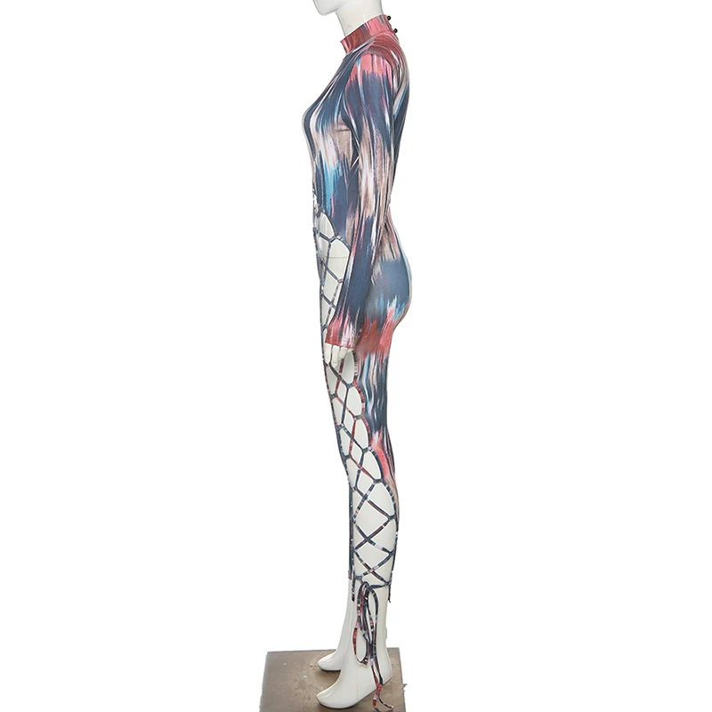 

FARSTAR European and American fashion spring 2021 cross-border new women's fashion print sexy hollow-out binding tights