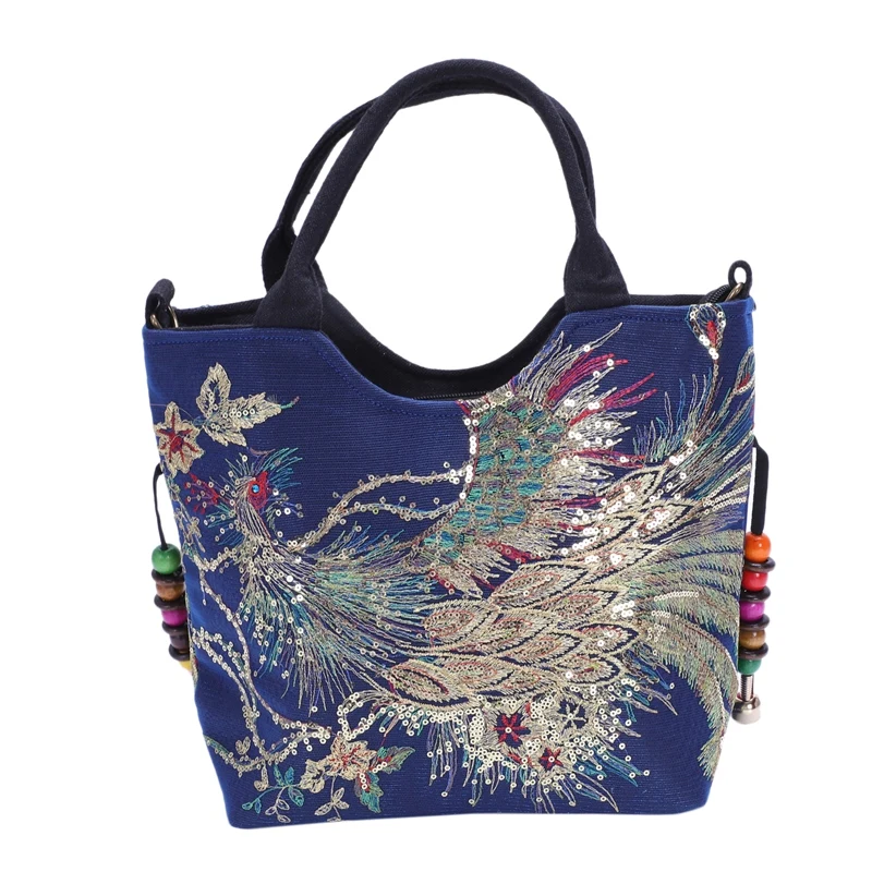 Shiny Sequins Peacock Embroidered Women Canvas Totes Bag Summer Shopping Shoulder Vintage Beaded String Handbag Dark Blue | Багаж и сумки
