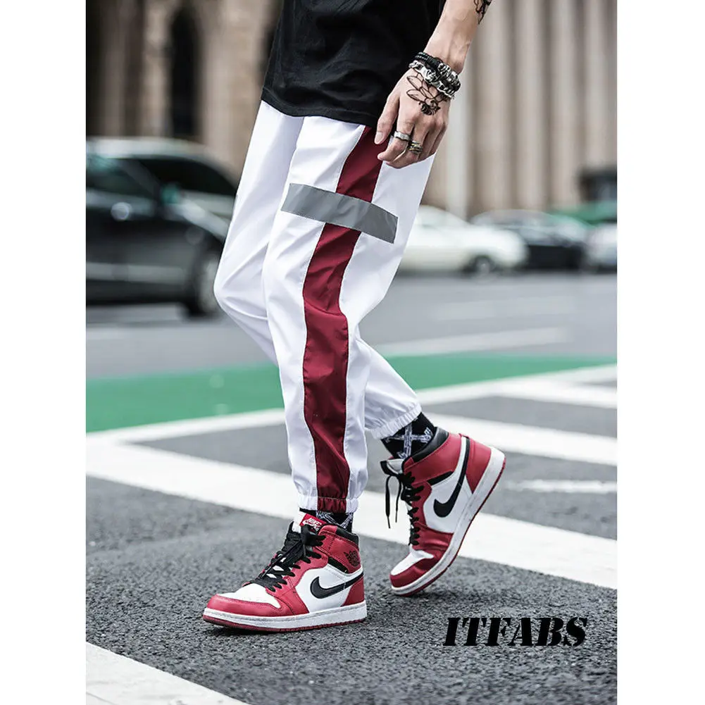 

New Hip Pop Jogger Patchwork Reflective Long Pants High Elastic Waist Side Striped Sweatpants Trousers