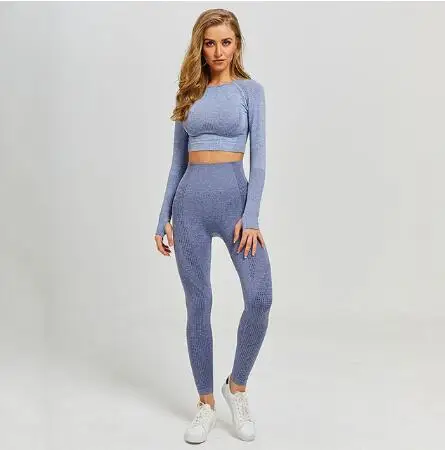 

Women Seamless Yoga Sets Fitness Sports Suits GYM Clothing Long Sleeve Shirts High Waist Running Leggings Workout Pants Tops