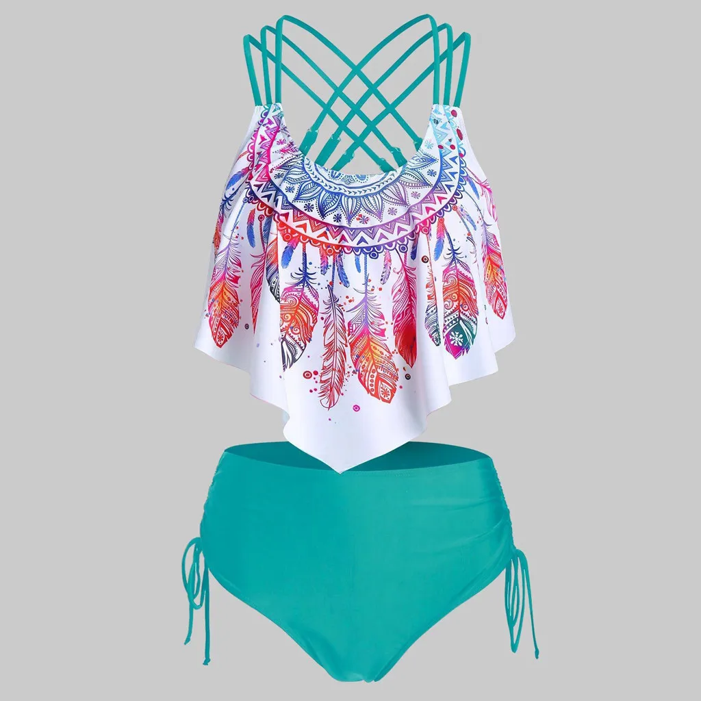 

Feather Print Women Bikini Set Push-up Padded Overlay Flounce Crisscross Tankini Swimwear 2pc Bathing Suit Swimsuit Biquini 2021