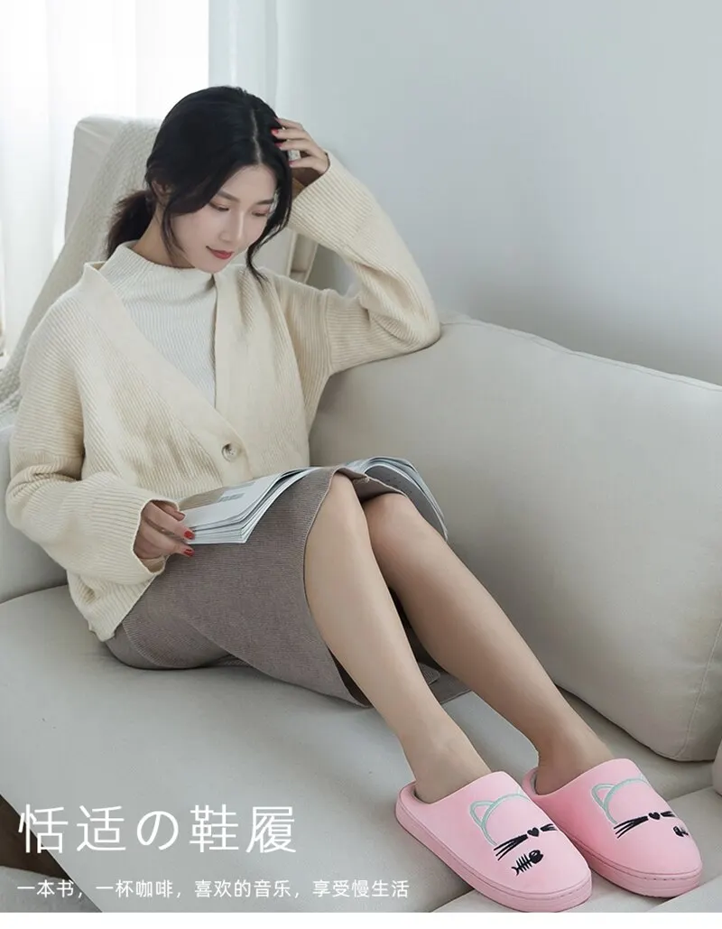 Women Winter Home Slippers Cartoon Cat Shoes Non-slip Soft Warm House Slippers Indoor Bedroom Lovers Couples Shoes