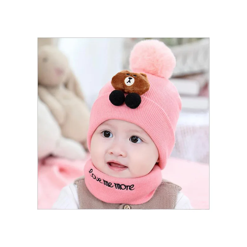 Pink hat scarf Новая детская шапка, шарф, осенняя и зимняя вязаная шапка в Корейском стиле для новорожденных мальчиков и девочек, шапка с помпонами, зимняя теплая шапка b - Цвет: Pink hat scarf