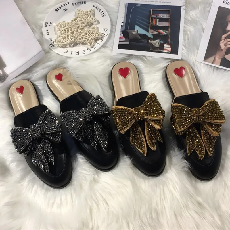 Женские шлепанцы с бантом украшенные кристаллами Осенние повседневные без