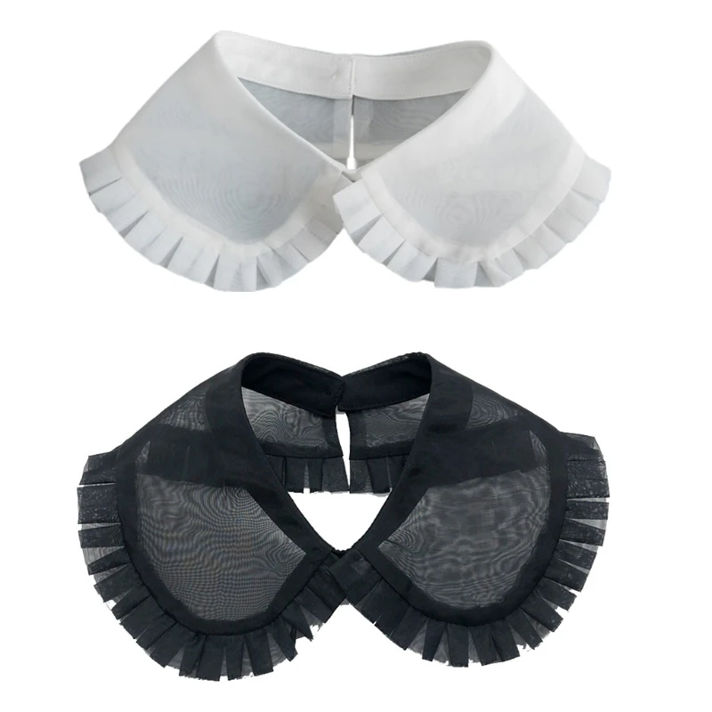 

Women Organza Sheer Decorative False Fake Collar Ruffled Trim Solid Color Shawl Wrap Mini Cape One Button Detachable Short M7DD