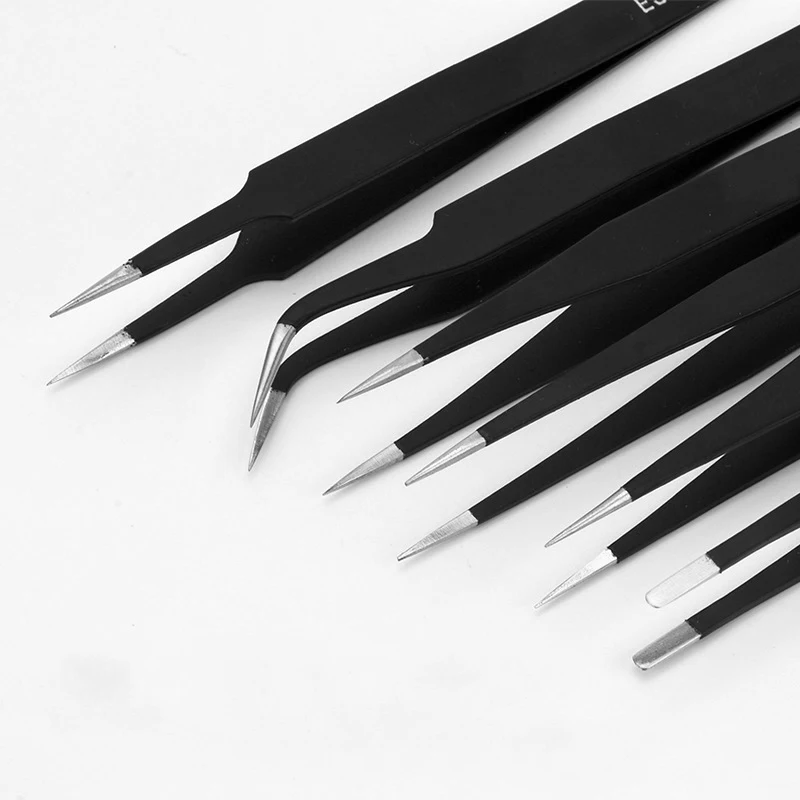1/10pcs Stainless Steel Tweezers Kit With PU Bag ESD Tweezer Tools High Quality Curved Straight Multifunction Nipper Repair Tool |