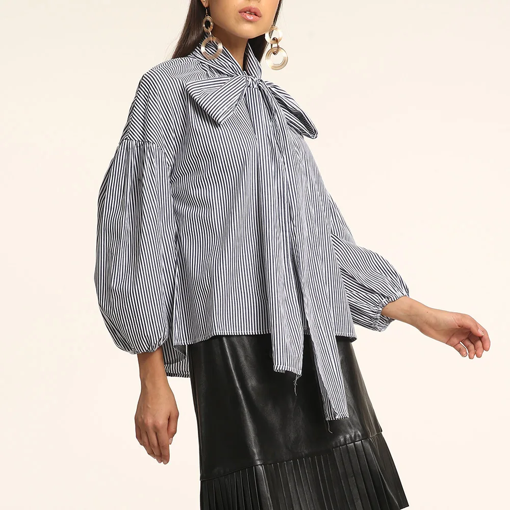 

Casual Women Stripe T-shirt Loose Pullover Patchwork Lace-Up Bowknot Young Top Western Office Lady Fashion Tee Female Tshirt New