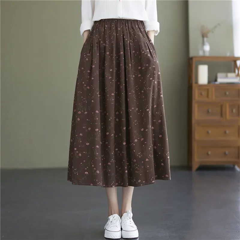 

Юбка женская трапециевидная из хлопка и льна, винтажная Свободная юбка в стиле девушки из леса с высокой талией и цветочным принтом, весна-о...