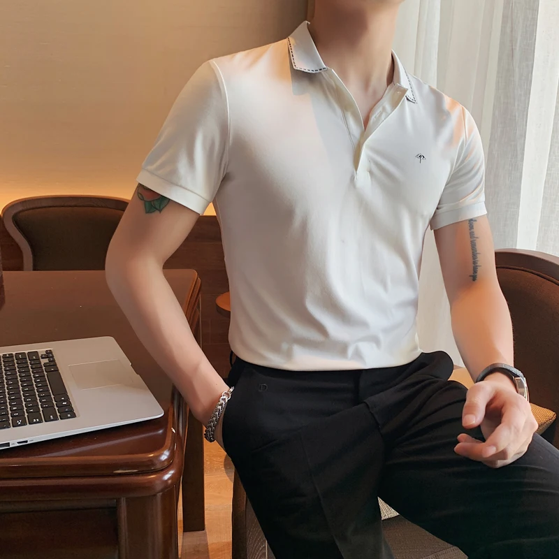 

2021 Summer Men POLO Shirts Solid Short Sleeve POLO Shirt Business Casual Tee Tops Embroidery Logo Slim Street Wear Clothing
