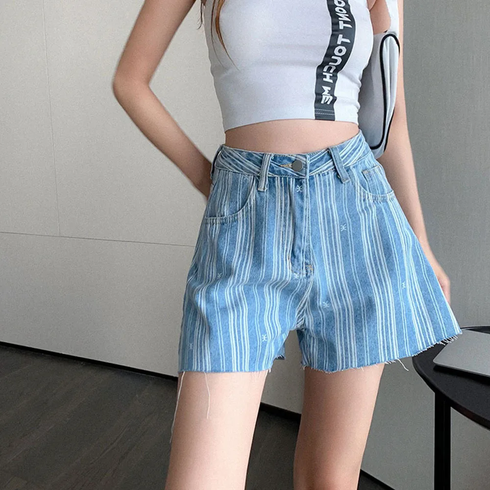 

2021 Casual Summer High Waist Jeans Women Denim Shorts For Ladies Ins Stripe Style Streetwear New Hot Sell Wide Leg Short Pants
