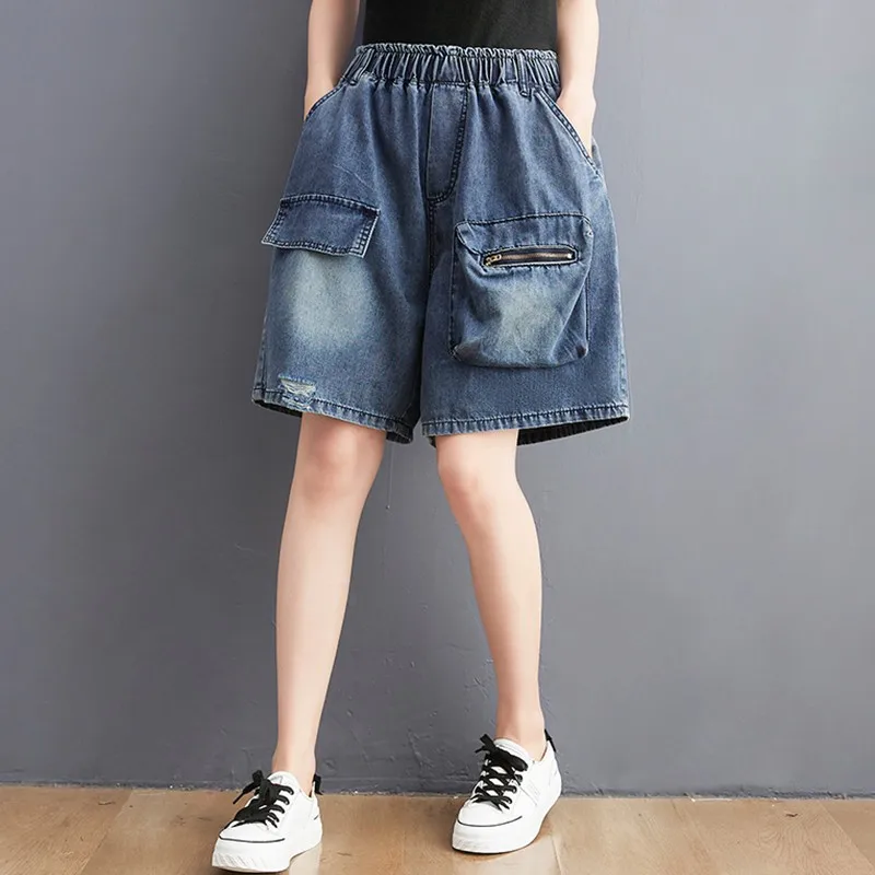 

Women Summer Thin Casual Jeans New Arrival 2021 Fashion Big Pockets Elastic Waist Loose Female Wide Leg Denim Shorts Pants B522