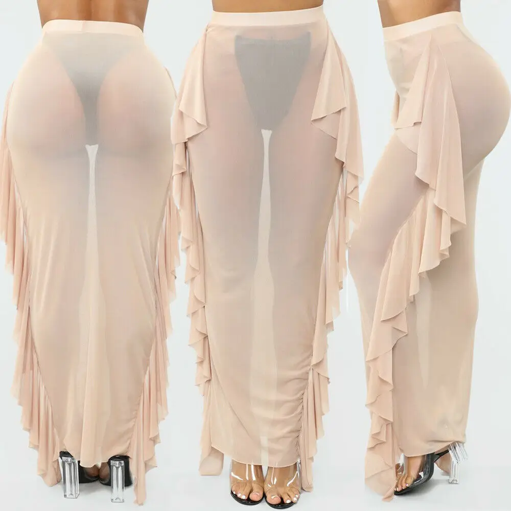 Женские Сексуальные Обтягивающие юбки с оборками прозрачная сетчатая длинная